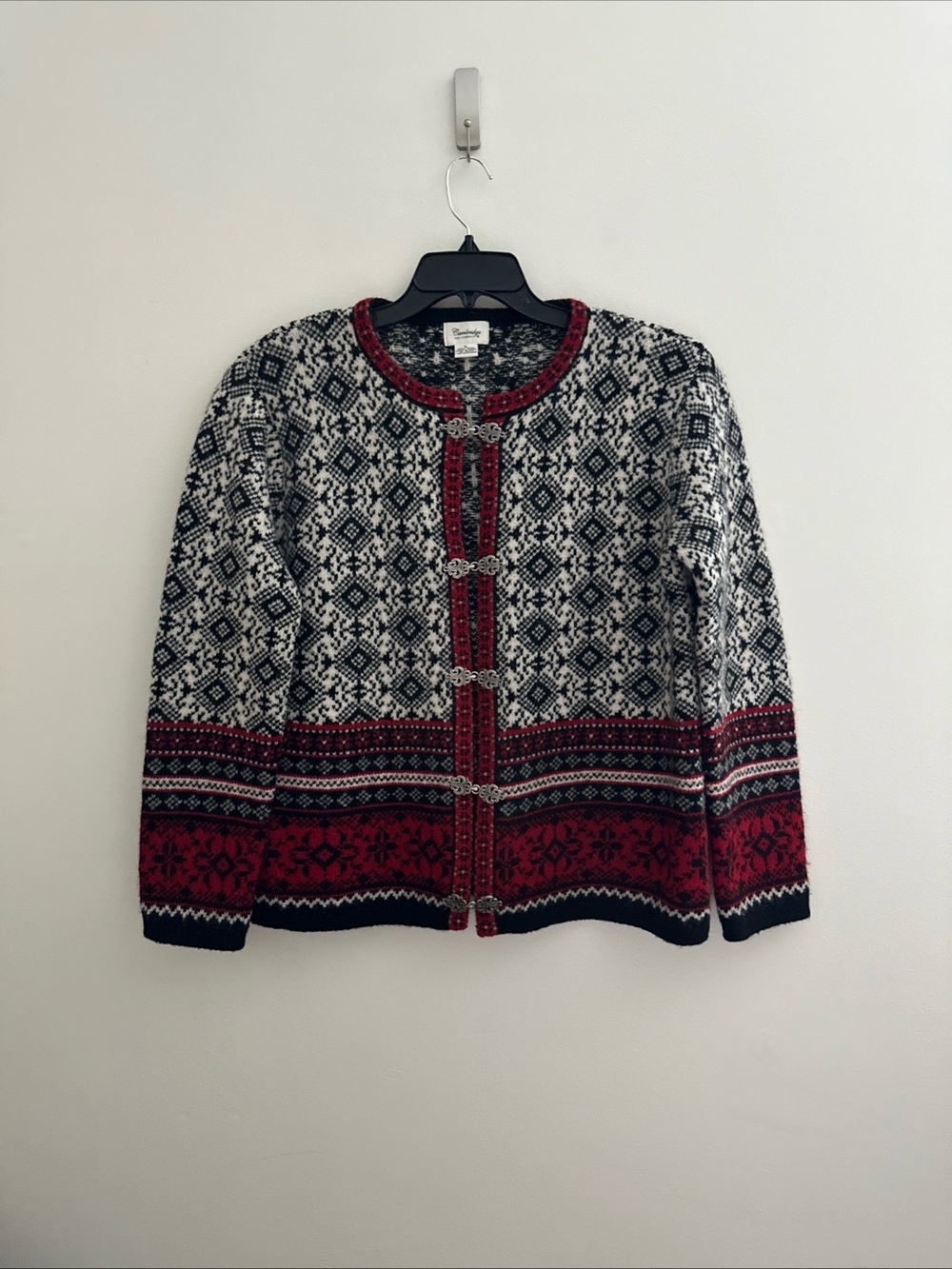 Cambridge Dry Goods AWool Fair Isle Nordic Cardigan Sweater Metal Clasps Size L